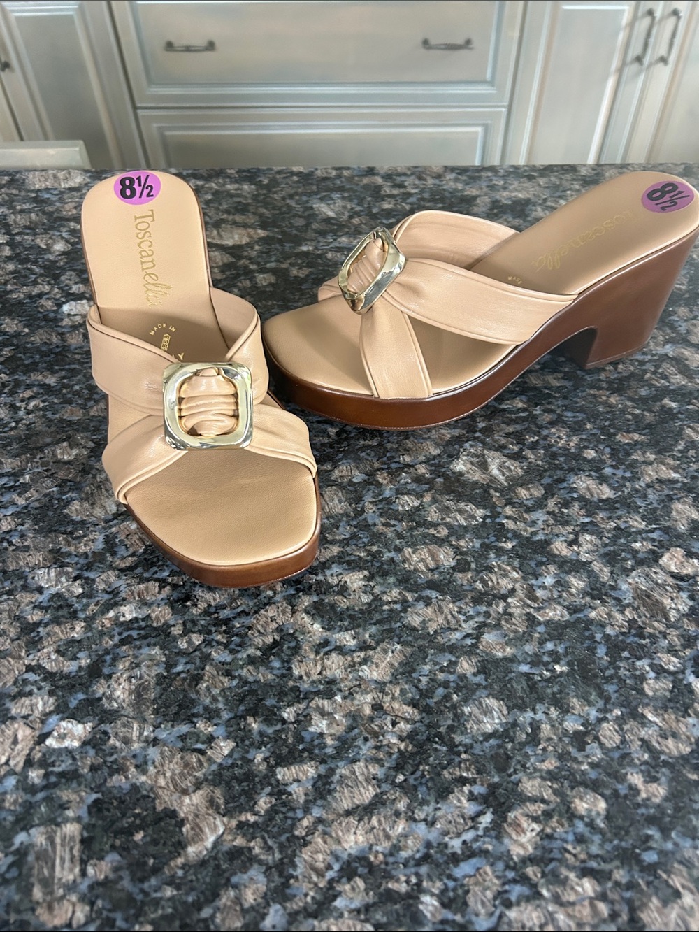 TOSCANELLA MADE IN ITALY NATURAL W GOLD BUCKLE WEDGE SANDALS SIZE 8.5 NWT